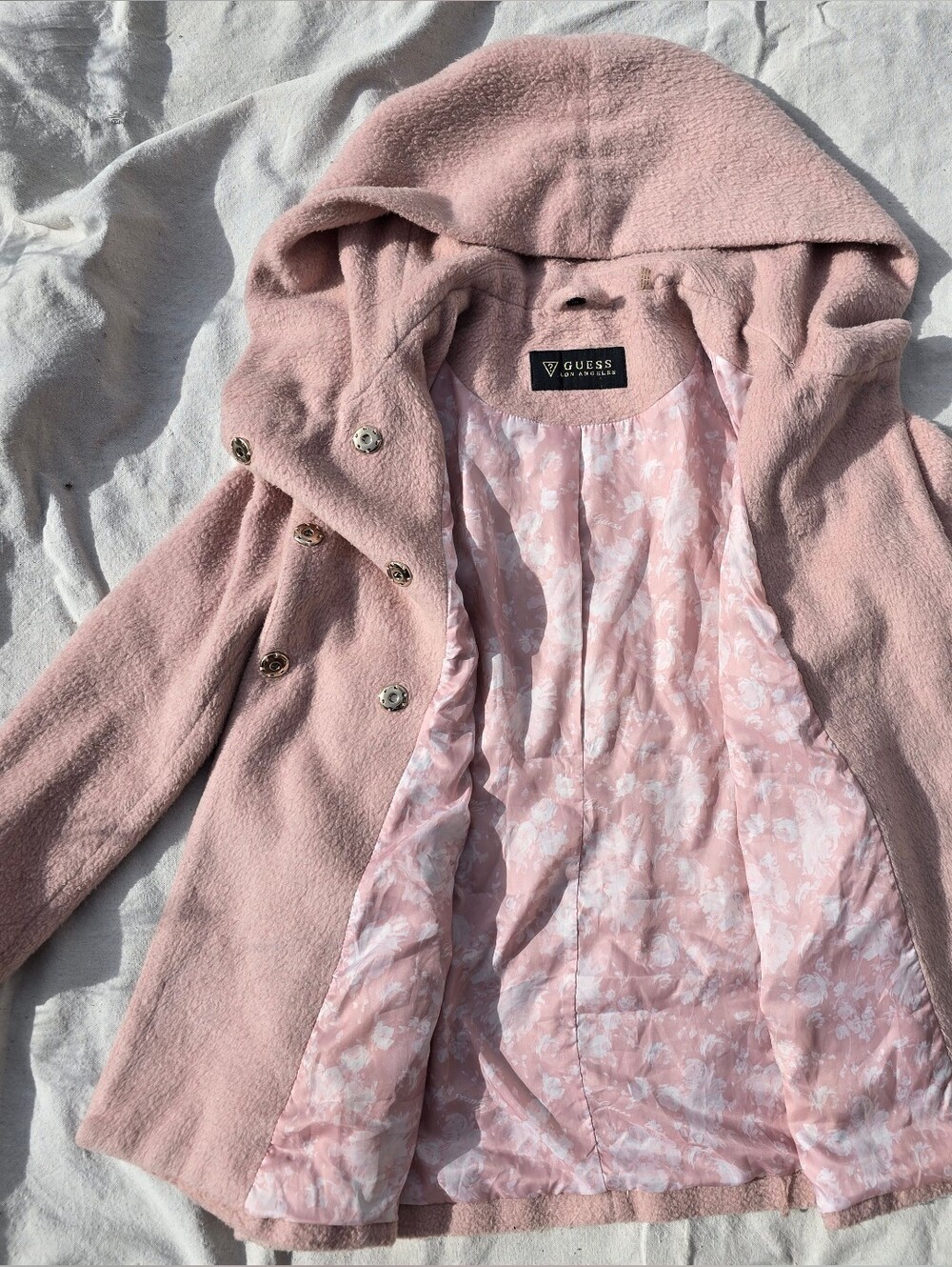Guess Blush Pink Wide Hooded Coat with Floral Satin Lining